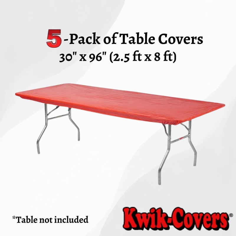 Kwik-Covers 8' Rectangle Plastic Table Covers 30" x 96", Bundle of 5 (Real Red) - Image 2